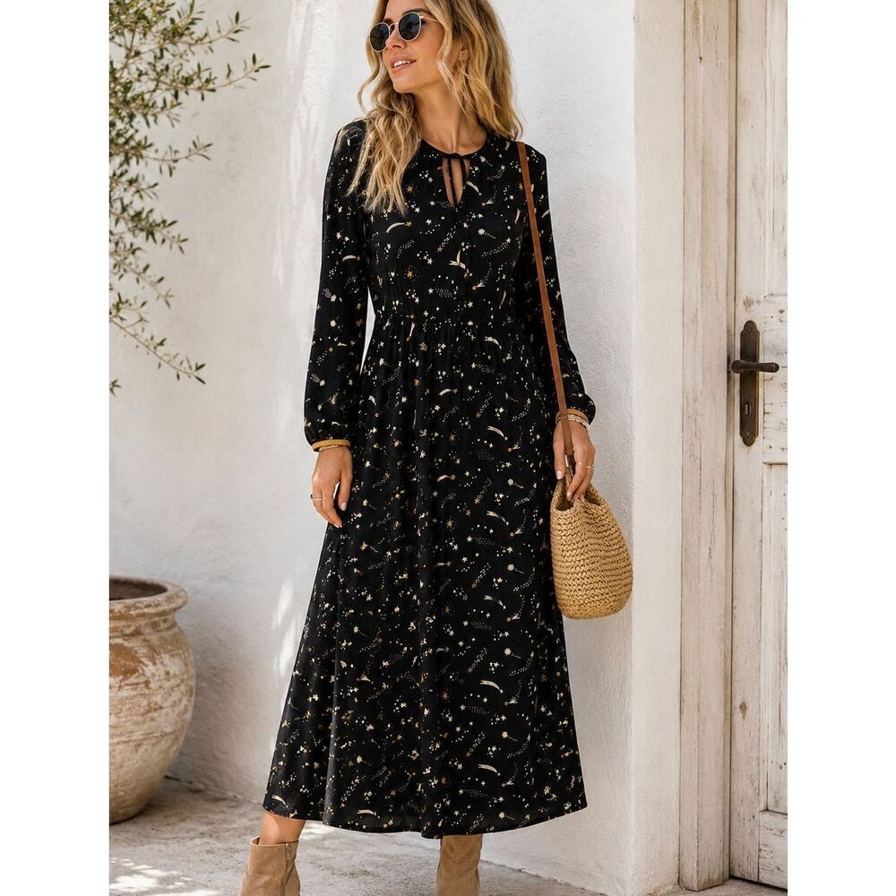 Boden Shooting Star Knit Jersey Midi Dress Sz 2R Black Long Sleeve